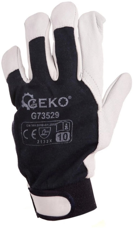 Geko leren werkhandschoenen - velcro sluiting - maat 10 - blauw en wit - en388 bescherming - 12 stuks