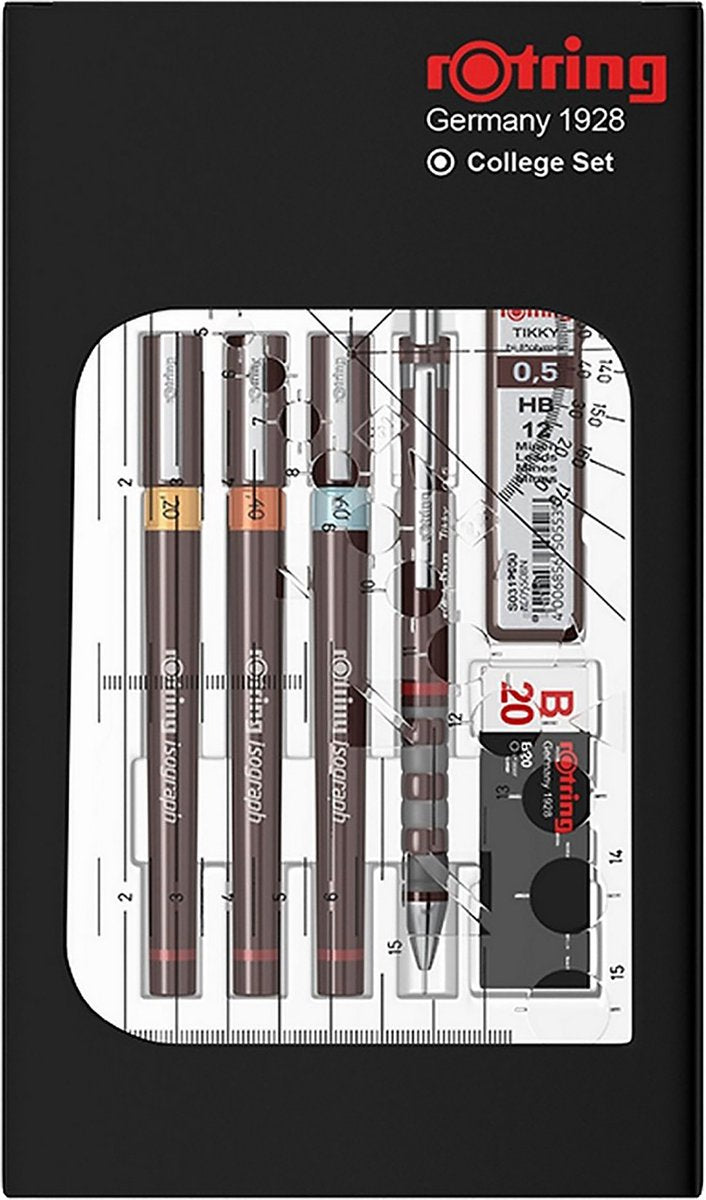 Rotring isograph-pennenset technische pen en vulpotlood collegeset | 3 fineliners (0,2 mm, 0,4 mm, 0,6 mm) en mechanisch vulpotlood (0,5 mm) plus accessoires | 9 stuks