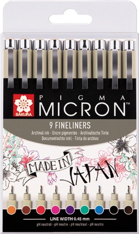 Sakura pigma micron 05 fineliners etui - 9 kleuren - 0.45mm