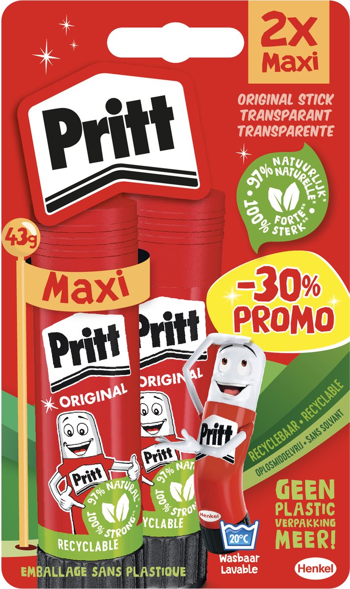 Pritt lijmstift 2x43g original - lijmstick voor school en kantoor - papier karton - voordeelpak promo