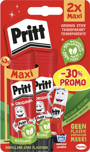 Pritt lijmstift 2x43g original - lijmstick voor school en kantoor - papier karton - voordeelpak promo