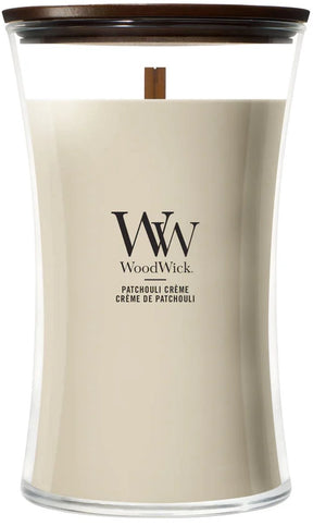 Woodwick hourglass large geurkaars - patchouli créme - 130 branduren