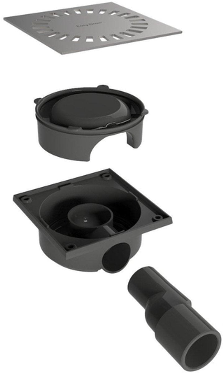 Easy drain aqua compact vloerput met abs sifonhuis rvs rooster en zijuitlaat 15x15cm inbouwdiepte 60mm incl. verstelb. uitloop ø50 ø40m