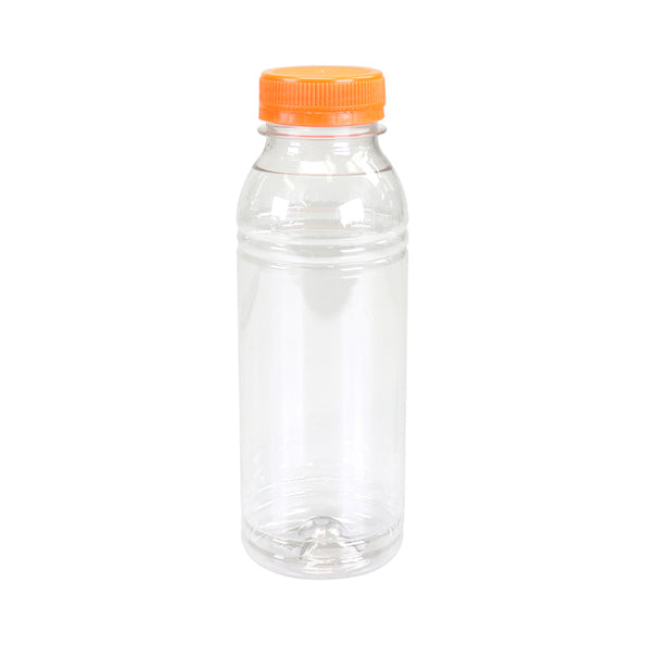 Fles transparant pet 330 cc + oranje dop (175 stuks)