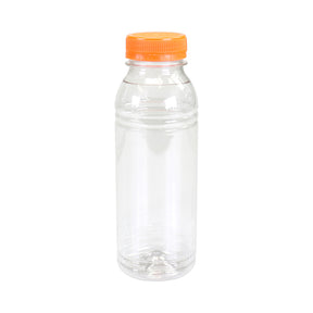 Fles transparant pet 330 cc + oranje dop (175 stuks)