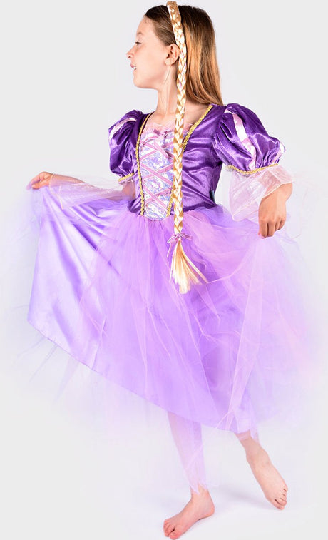 Den goda fen verkleedkledij rapunzel - jurk met lange vlecht - 110-116cm - 4-6 jaar - paars 110 116
