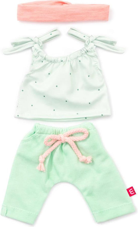 Miniland baby ml poppen: kledij set groen roos voor meisje 38cm, 3-delig, topje, broek en haarlint, met kleerhanger, 3+