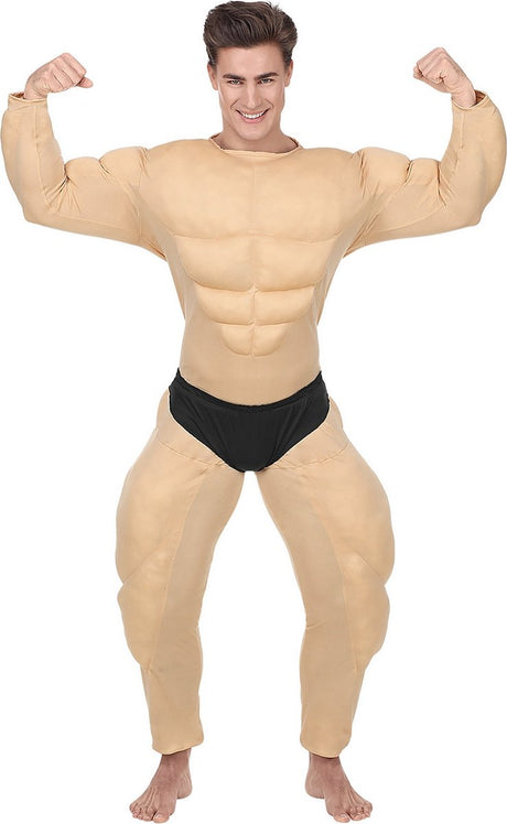 Widmann - opblaas dikmaak spierballen kostuum - opschepper van de sportschool bodybuilder - man - beige - large - carnavalskleding - verkleedkleding