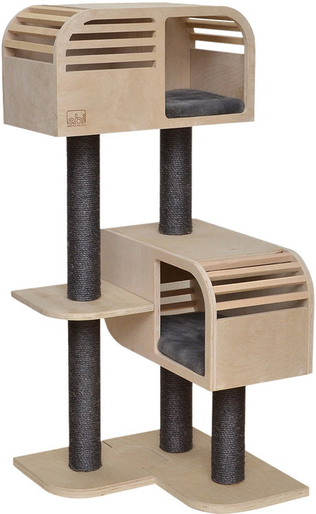 Ebi atlas 120 design krabpaal - kattenboom met 2 huisjes en 5 sisalpalen - natuurlijk hout - 57x56x123cm - grijs