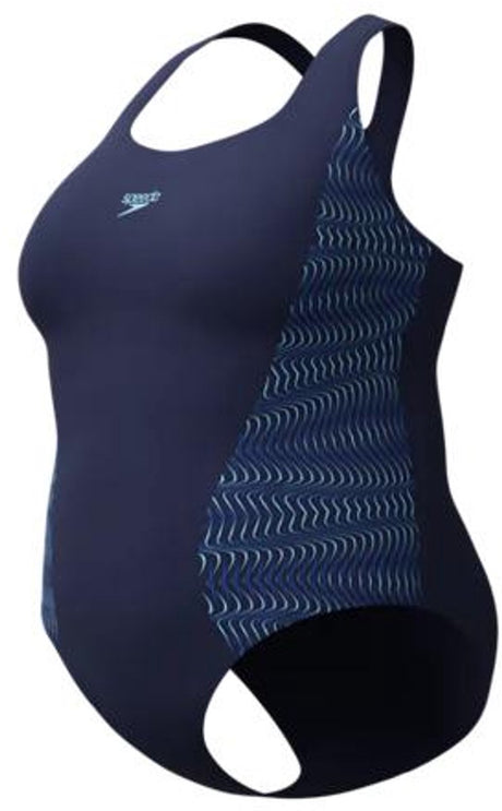 Speedo plus size placement medalist 1 piece dames sportbadpak - badpak dames grote maten - vormvast zwempak dames - sportbadpak dames met medalist-rug - marine blauw - 48