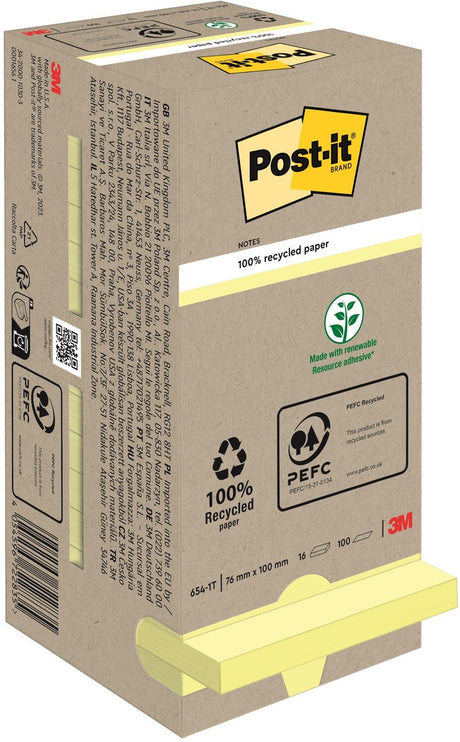 Post-it memoblok 654 76x76mm recycled pastel geel 16 stuks