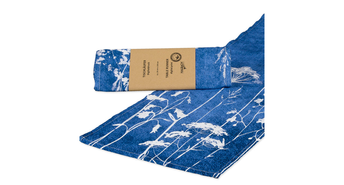 Katoenen tafelloper blue print 28x150cm washed denim blue
