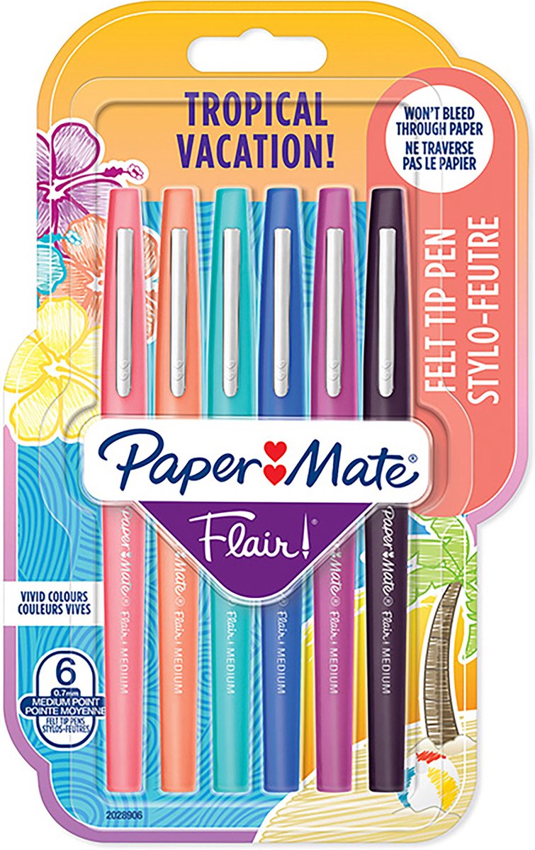Paper mate flair-viltstiften | medium punt (0,7 mm) | diverse tropische-vakantiekleuren | 6 stuks