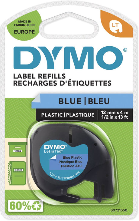 Dymo letratag originele plastic labels | zwarte afdruk op blauwe etiketten | 12 mm x 4 m | zelfklevende multifunctionele labels voor letratag labelprinters | gemaakt in europa