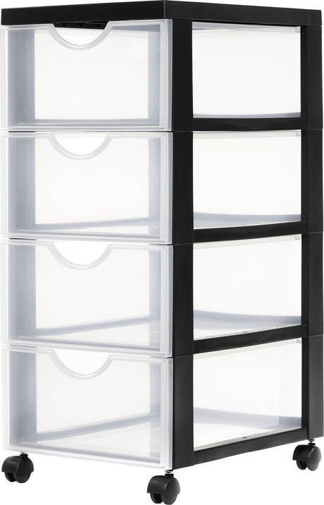Iris easygrip chest ladekast - 4 lades x 11,25l - kunststof - zwart transparant - met wieltjes