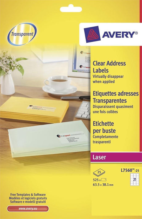 Avery transparante etiketten quickpeel formaat 635 x 381 mm (b x h) 525 stuks 21 per blad