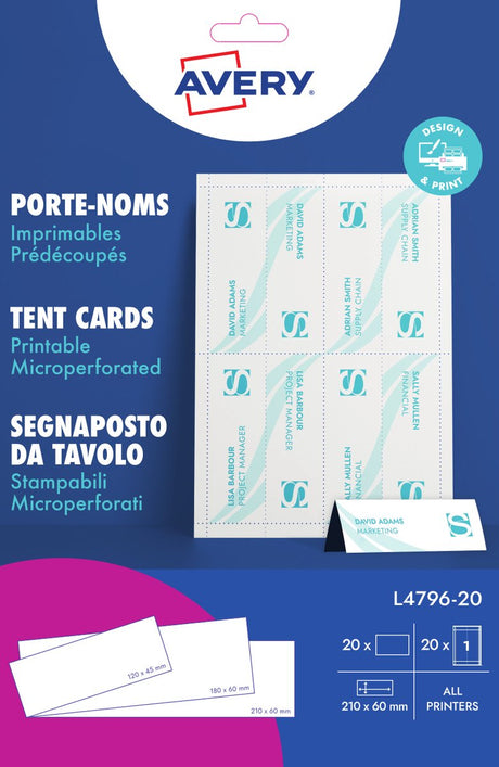 Avery zweckform avery bedrukbare naamkaarten 20 blad 20 stuks (formaat 210 x 60 mm)