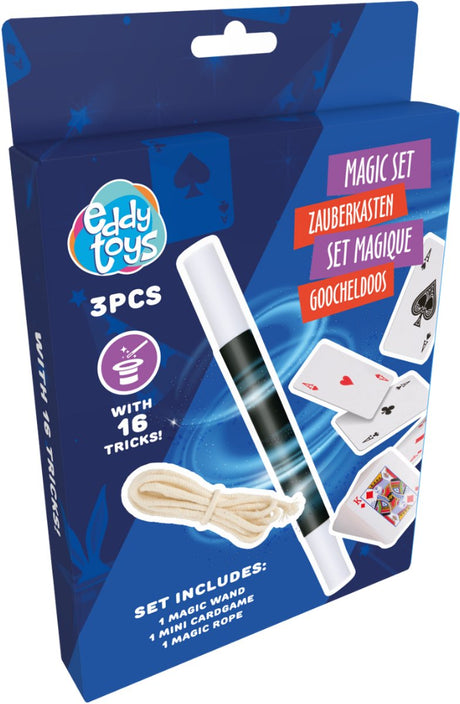 Eddy toys magic set 16 tricks - goochelset van kunststof - inclusief toverstokken, ringen, touw en kaarten - universele handleiding - 2 jaar garantie - meerkleurig