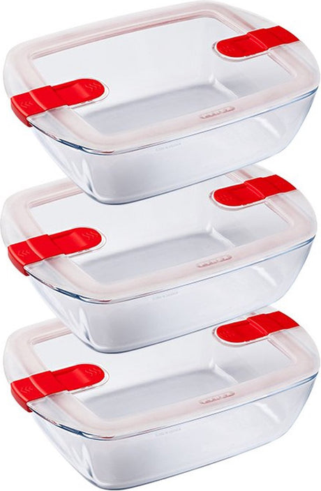 Pyrex - cook heat schaal vierkant 1 liter set van 3 stuks - transparant rood