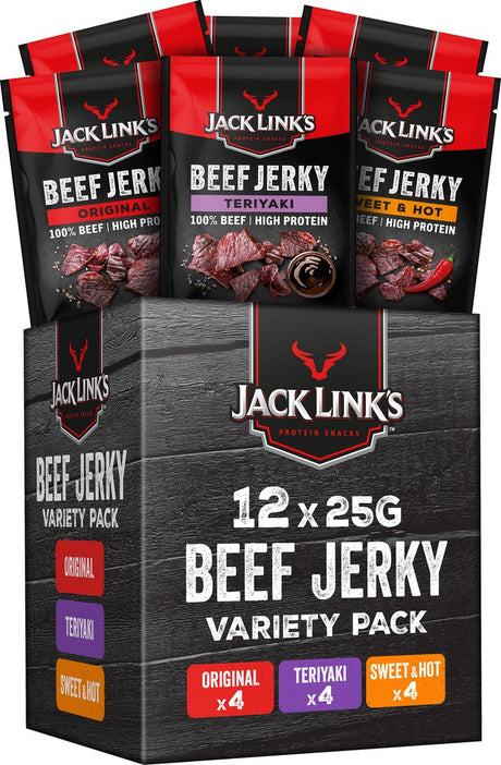 Jack link's jack links beef jerky mix box - 100% premium beef - hoog in eiwitten - rundvlees snack - voor tussendoor, onderweg of in de sportschool - 12 x 25g