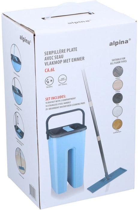 Alpina dweilsysteem met emmer - dweil incl. 2 microvezeldoeken - voor harde vloeren - 360° draaibaar