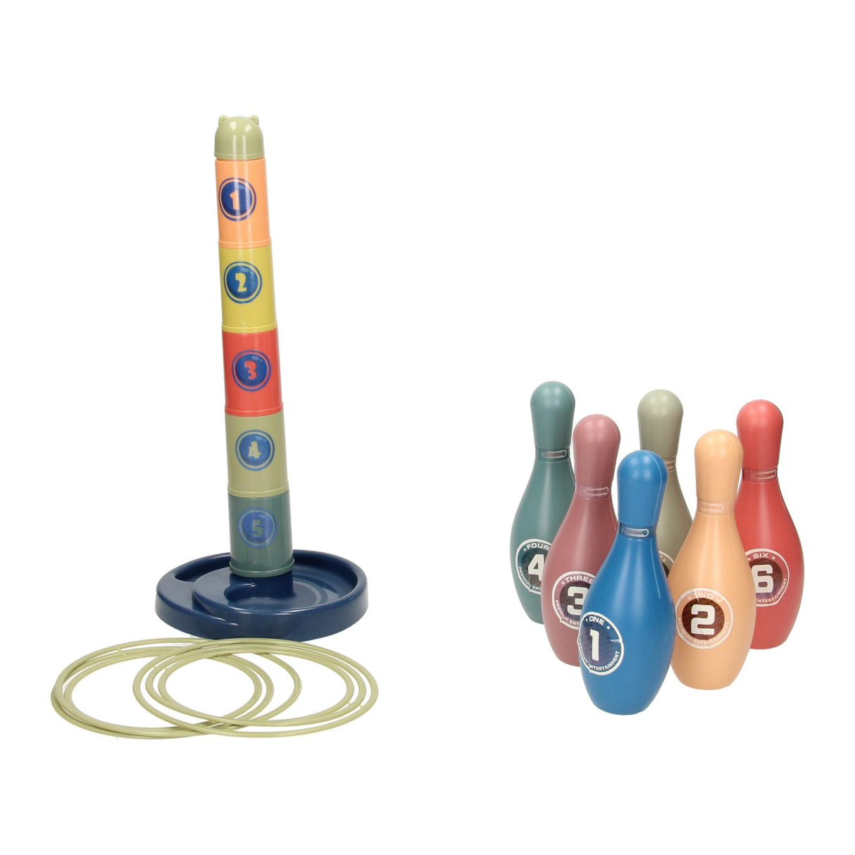 Stack tower, ring throwing and bowling 3in1