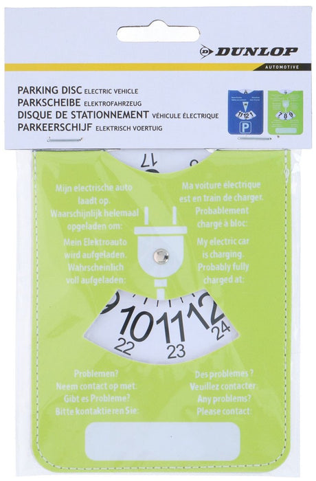 Dunlop parkeerschijf elektrisch voertuig - speciaal voor elektrische voertuigen - compact formaat past op elk dashboard - duidelijke tijdsaanduiding - 125x100mm - blauw lichtgroen
