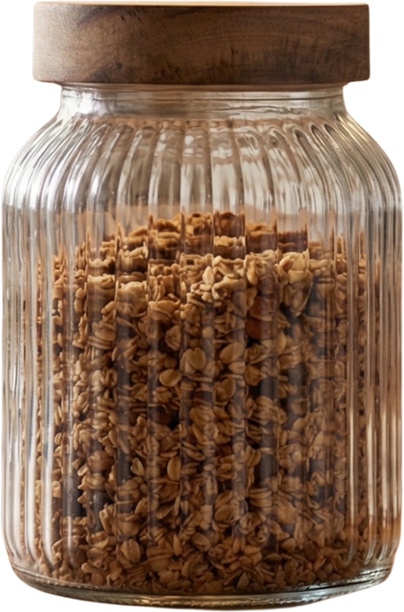Alpina voorraadpot 1000ml - glazen bewaarpot met houten deksel - luchtdichte afsluiting - rond model - ideaal voor pasta, rijst en meer - ø10,1 x 16 cm - transparant