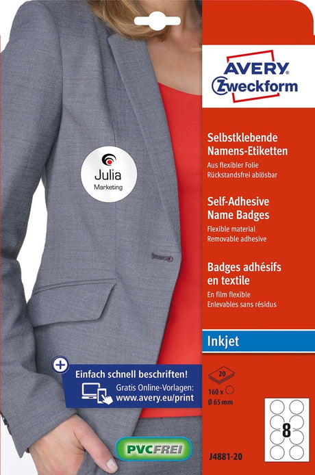 Avery zweckform naambadge zelfkl. zweckform rond 65mm wit afneembaar 160 etiketten 20 vel inktjet