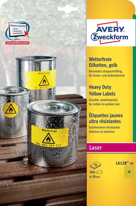 Avery zweckform avery-zweckform l6128-20 - etiketten ø 30 mm - polyester - folie geel - 960 stuks permanent - weerbestendig