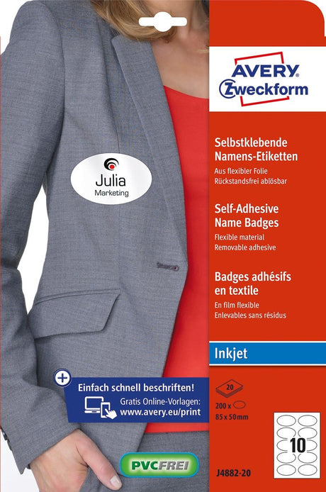 Avery naambadge zelfkl. zweckform ovaal 85x50mm wit afneembaar 200 etiketten 20 vel inkjet