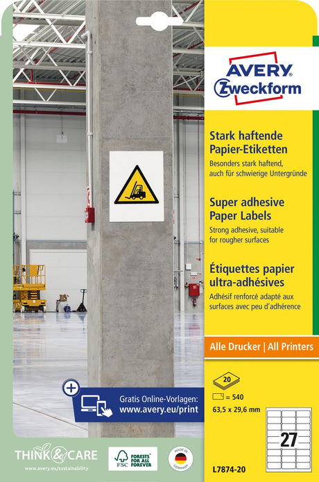 Avery zweckform avery zelfklevende etiketten 63,5 x 29,6 mm wit 540 stuks