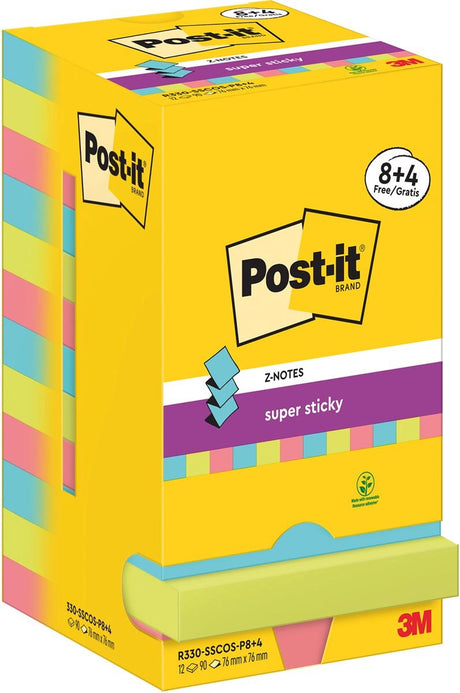 Post-it super sticky z-notes cosmic | 90 vel | ft 76 x 76 mm | 8 + 4 gratis
