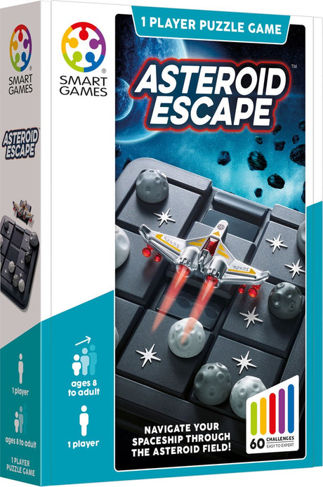 Smartgames asteroid escape - compact denkspel - 60 ruimtevaart uitdagingen - educatieve schuifpuzzel - reisspel solospel - vanaf 8 jaar