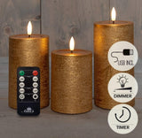 Anna's collection stompkaarsset met 3d vlam effect wax goud oplaadbaar, met afstandsbediening en usb kabel ø7,5x10 12 15cm