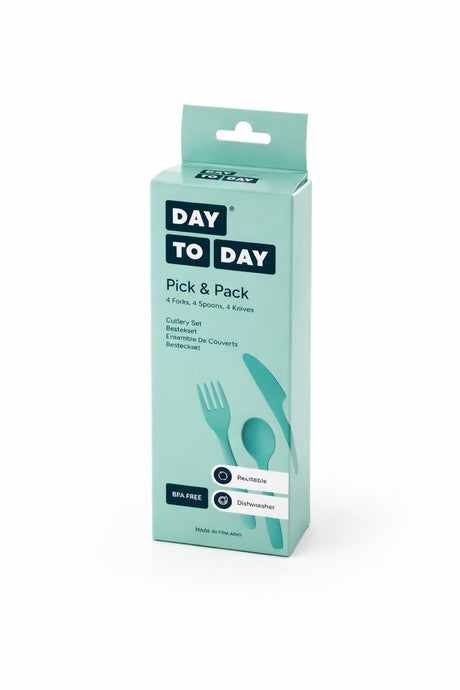 Day to day herbruikbare bestekset 12-delig – 4 vorken, 4 messen 4 lepels – camping picknick bestek, bpa-vrij – vaatwasserbestendig – groen – made in finland