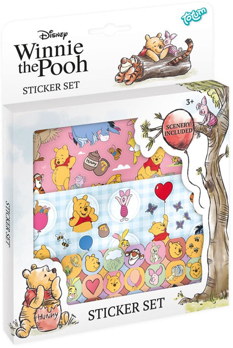 Totum winnie de poeh sticker set - 3 vellen stickers en speelachtergrond - creatief speelgoed junior jongens en meisjes vanaf 3 jaar