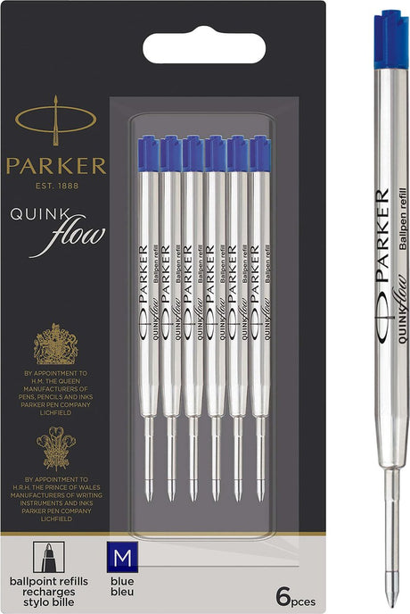 Parker balpenvullingen | medium punt | blauwe quinkflow-inkt | voordeelverpakking | 6 stuks