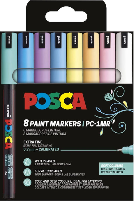 Posca uni paintmarker pc-1mr | 0,7 mm | etui van 8 stuks in geassorteerde zachte kleuren