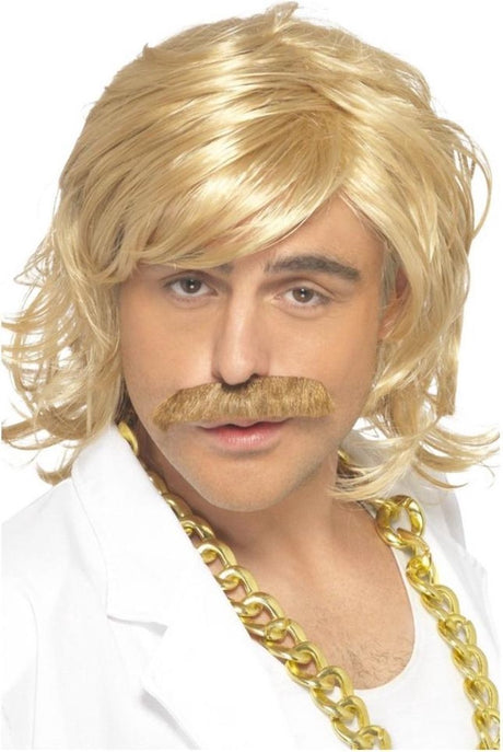 Smiffys carnaval verkleed pruik voor heren - sjonnie duitser - met matje en snor - blond - jaren 80 eighties one size
