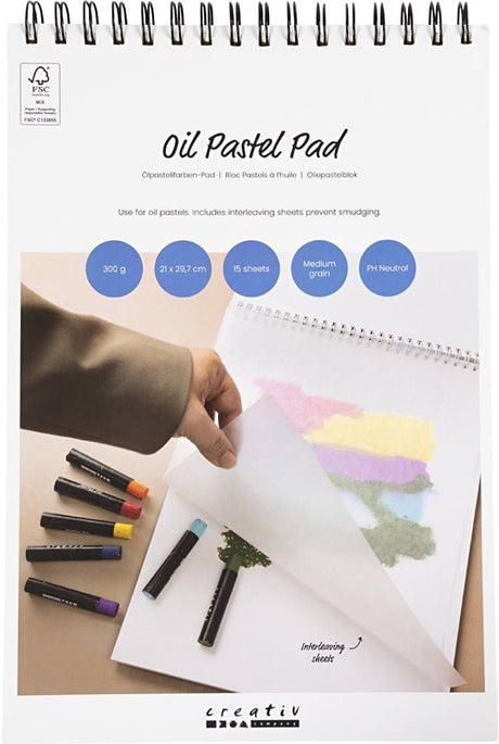 Creativ company papierblok oliepastels a4 wit 300g 15 vel tekenpapier.