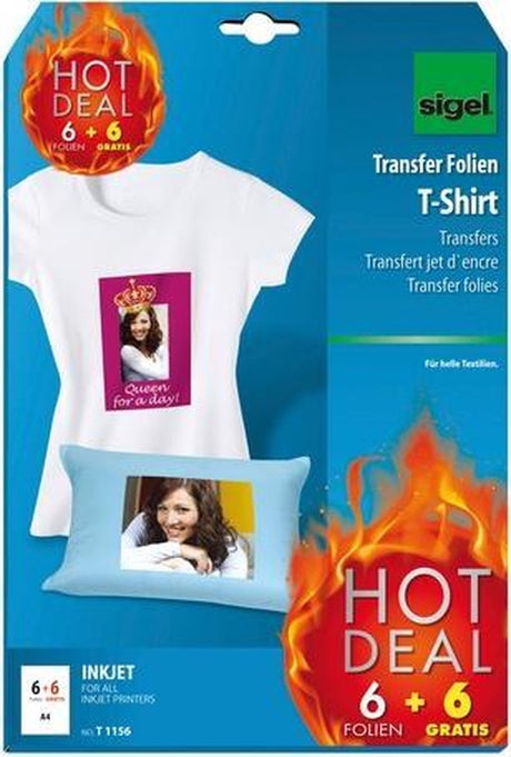 Sigel inkjet transferfolie a4 blanco 6 vel + 6 vel gratis voor lichte kleding textiel