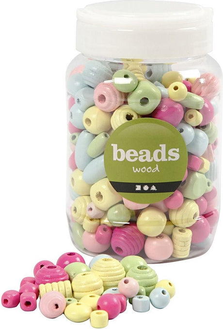 Creativ company houten kralen, d: 10-15 mm, gatgrootte 3-5 mm, 400 ml, kleuren assorti