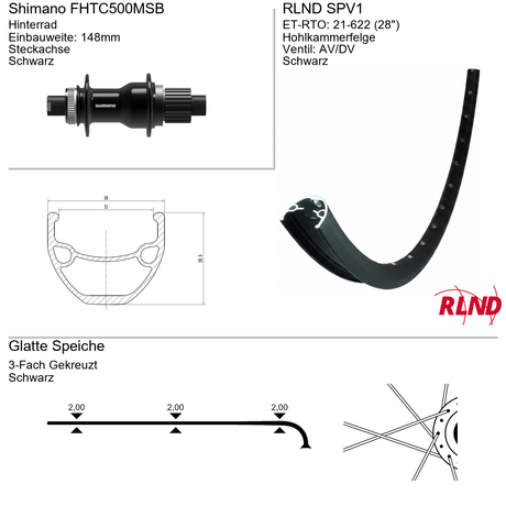Roland achterwiel 21-622 28 zwart cassette 12v schijfrem centerlock steekas 12x148 spv1 shimano fh-tc500-ms-b