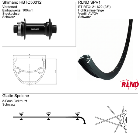 Roland voorwiel 21-622 28 zwart schijfrem centerlock steekas 12x100 spv1 shimano hb-tc500-12