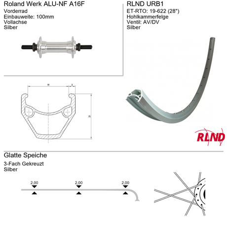 Roland voorwiel 19-622 28 zilver velgrem vaste as urb1 alu-nf a16f
