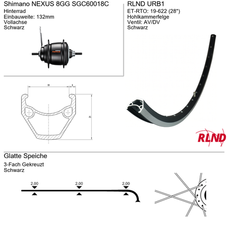 Roland achterwiel 19-622 28 zwart nexus 8v remnaaf vaste as urb1 shimano sg-c6001-8c