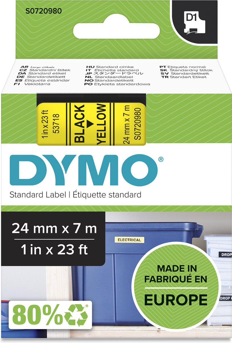 Dymo originele d1 labels | zwarte tekst op geel label | 24 mm x 7 m | zelfklevende etiketten voor de labelmanager labelprinter | gemaakt in europa
