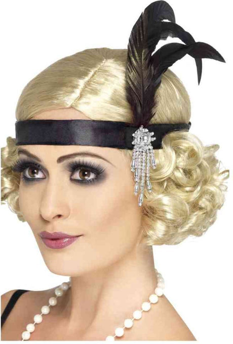 Smiffys hoofdband zwart met veren | black satin charleston headband