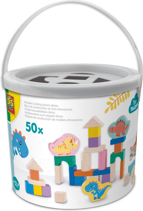 Ses creative tiny talents houten bouwblokken - dino's in ton - vanaf 1 jaar - 50 stuks - baby speelgoed - motorische ontwikkeling - schoencadeautjes sinterklaas